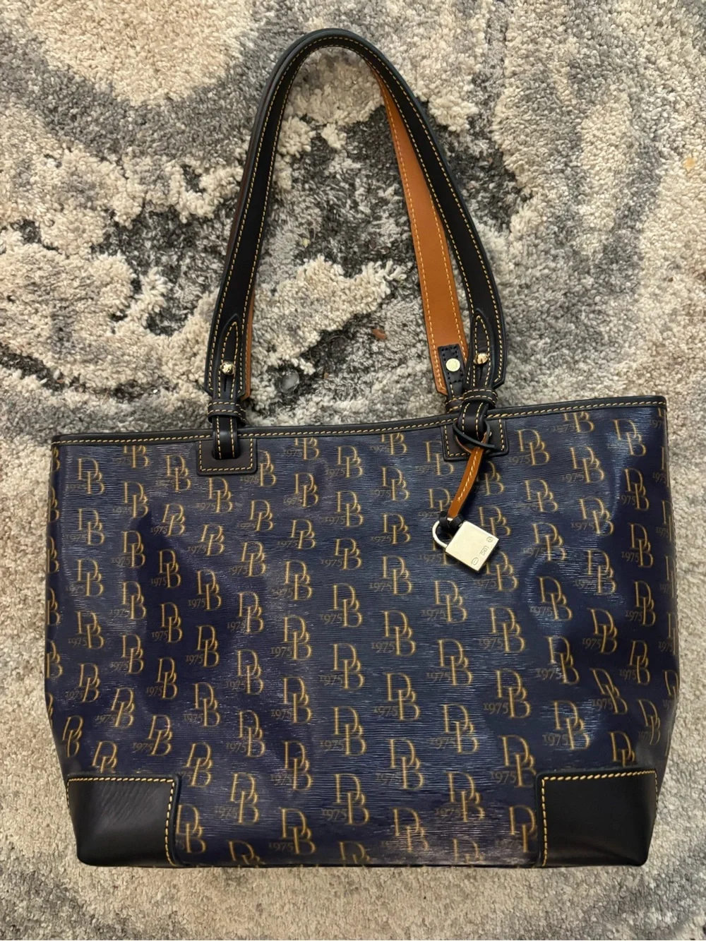 Dooney & Bourke Navy Logo Tote with Tan and Black Accents